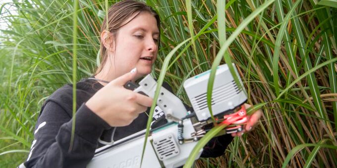 Student using equipment in a field
